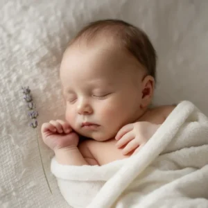 Nouveau-né paisible qui dort enveloppé dans une couverture douce en coton bio de couleur neutre.