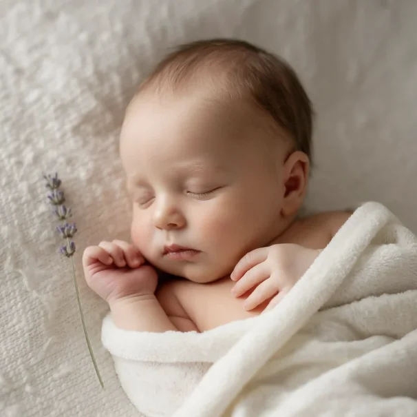 Nouveau-né paisible qui dort enveloppé dans une couverture douce en coton bio de couleur neutre.