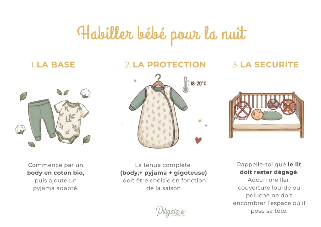 Infographie expliquant comment habiller bébé pour la nuit en 3 étapes : la base (body coton bio), la protection (gigoteuse adaptée) et la sécurité du lit.
