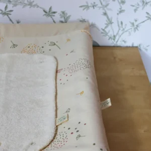 housse de matelas à langer écru naturel imprimé Dandelion coton bio vue étiquette compo