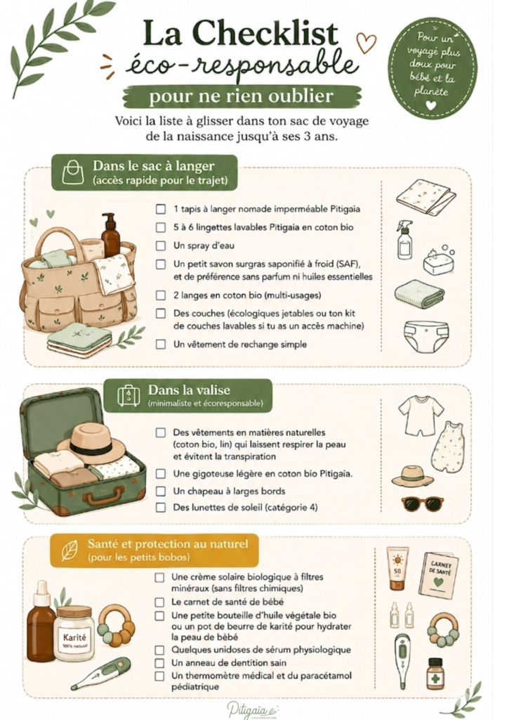 Checklist éco-responsable Pitigaia pour voyager avec un bébé de la naissance à 3 ans. Elle liste les essentiels pour le sac à langer, la valise et la trousse de santé au naturel.